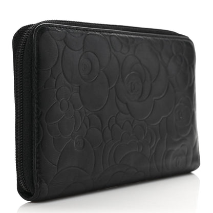 Chanel Lambskin Camellia Embossed Zip Around Organizer Wallet Black 3 of 7