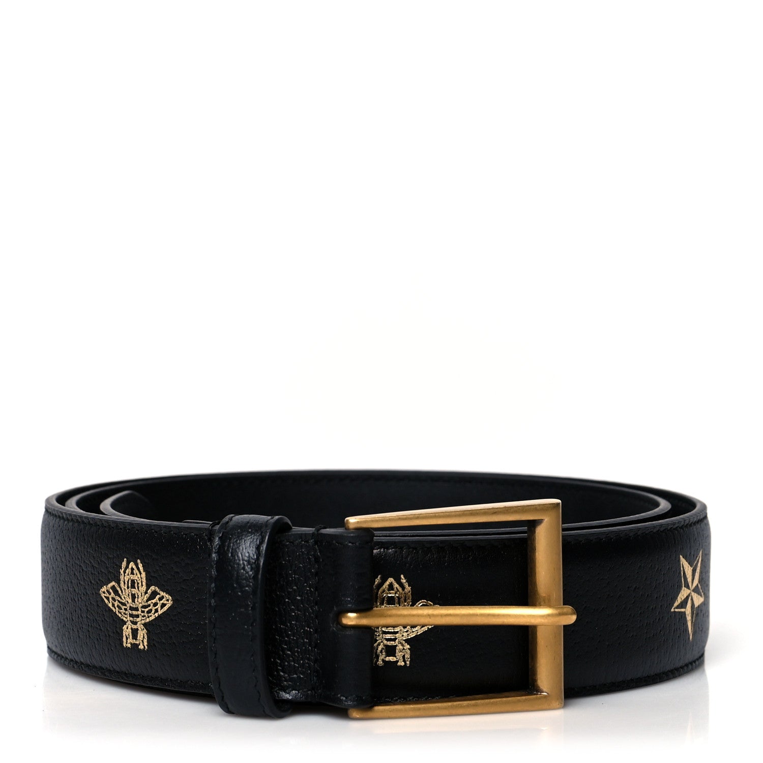Gucci Textured Dollar Calfskin Bees And Stars Print Mens 35mm Belt 90 36 Black Gold 1 of 5