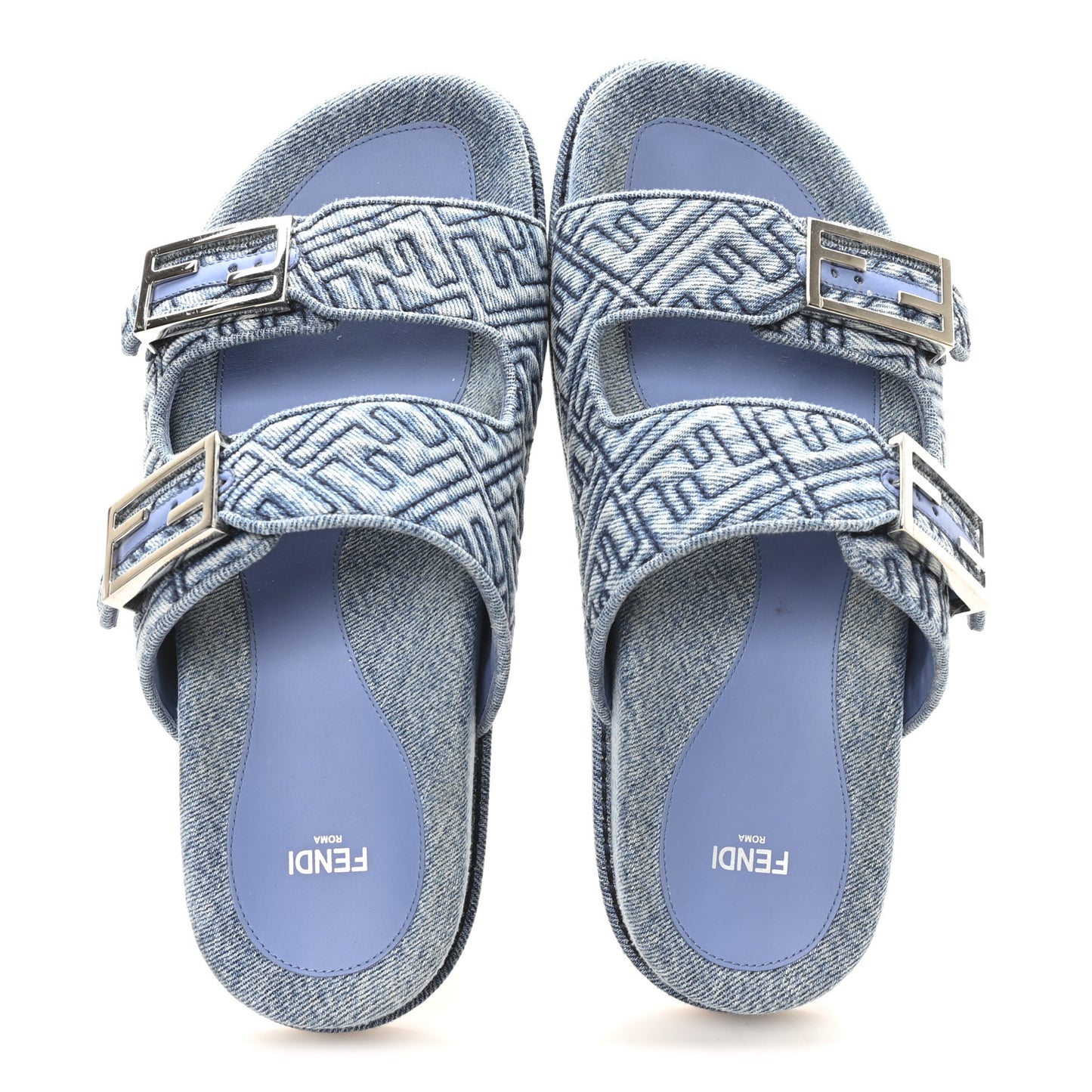 Denim FF Quilted Fendi Feel Buckled Slide Sandals 40 Blue