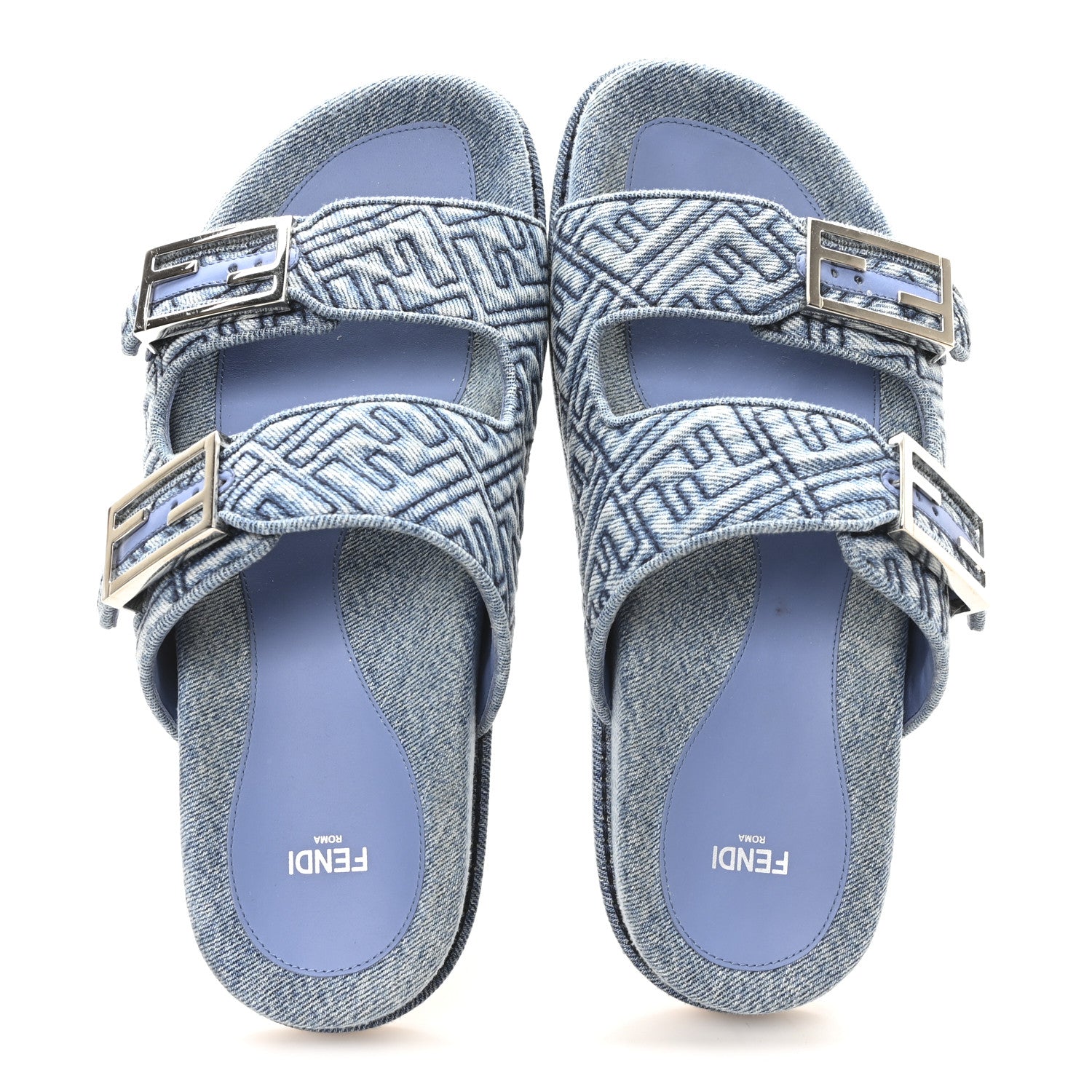 Fendi Denim FF Quilted Fendi Feel Buckled Slide Sandals 40 Blue 2 of 10