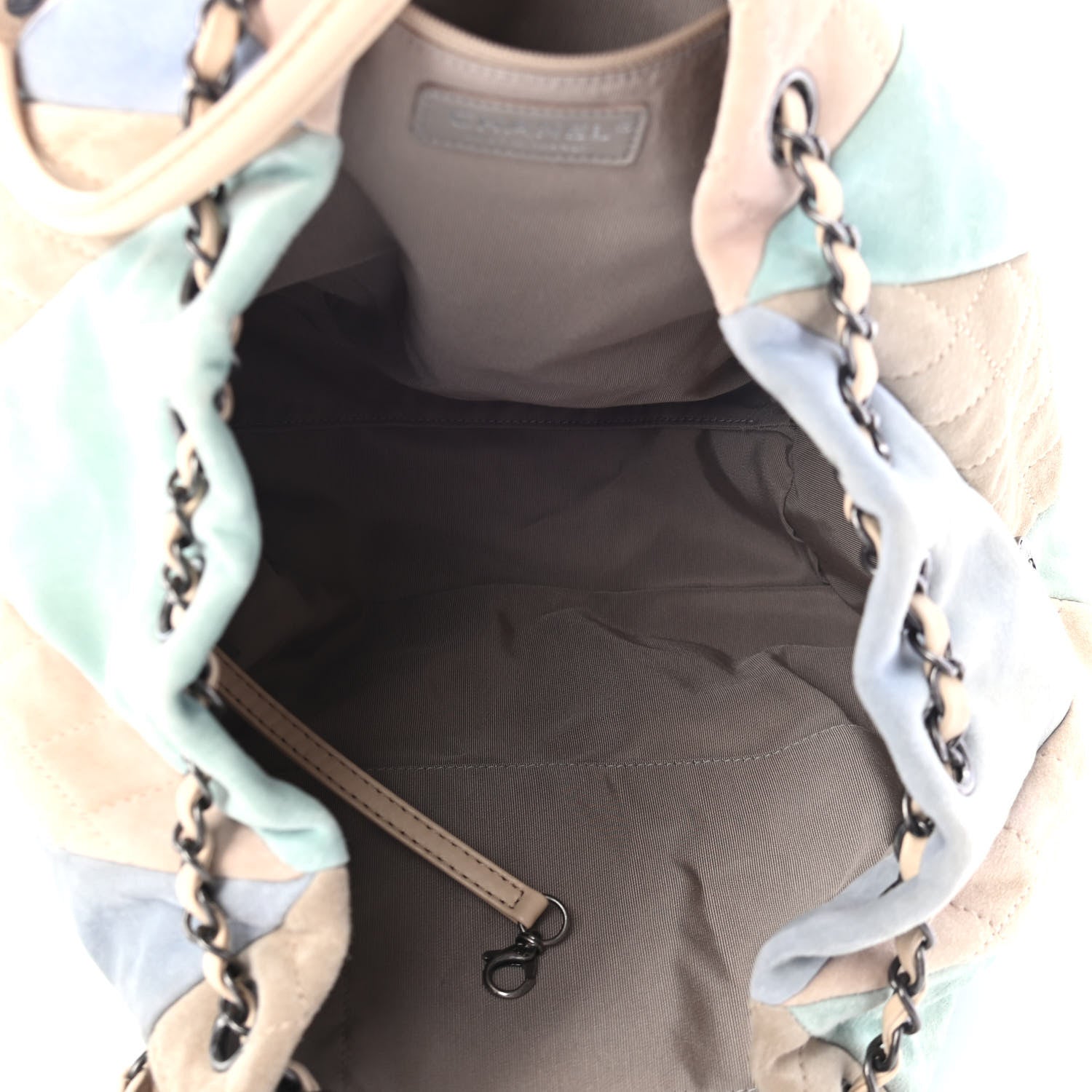 Chanel Suede Calfskin Quilted Patchwork Drawstring Bag Blue Green Pink Beige 4 of 4