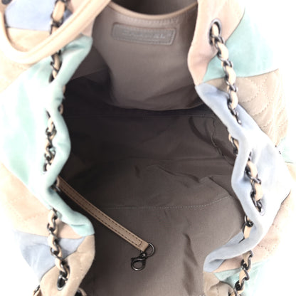 Chanel Suede Calfskin Quilted Patchwork Drawstring Bag Blue Green Pink Beige 4 of 4