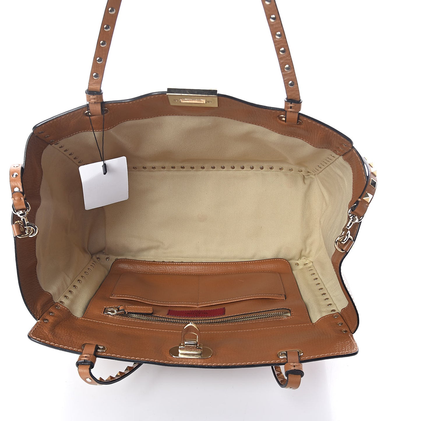 Textured Calfskin Medium Rockstud Tote Camel