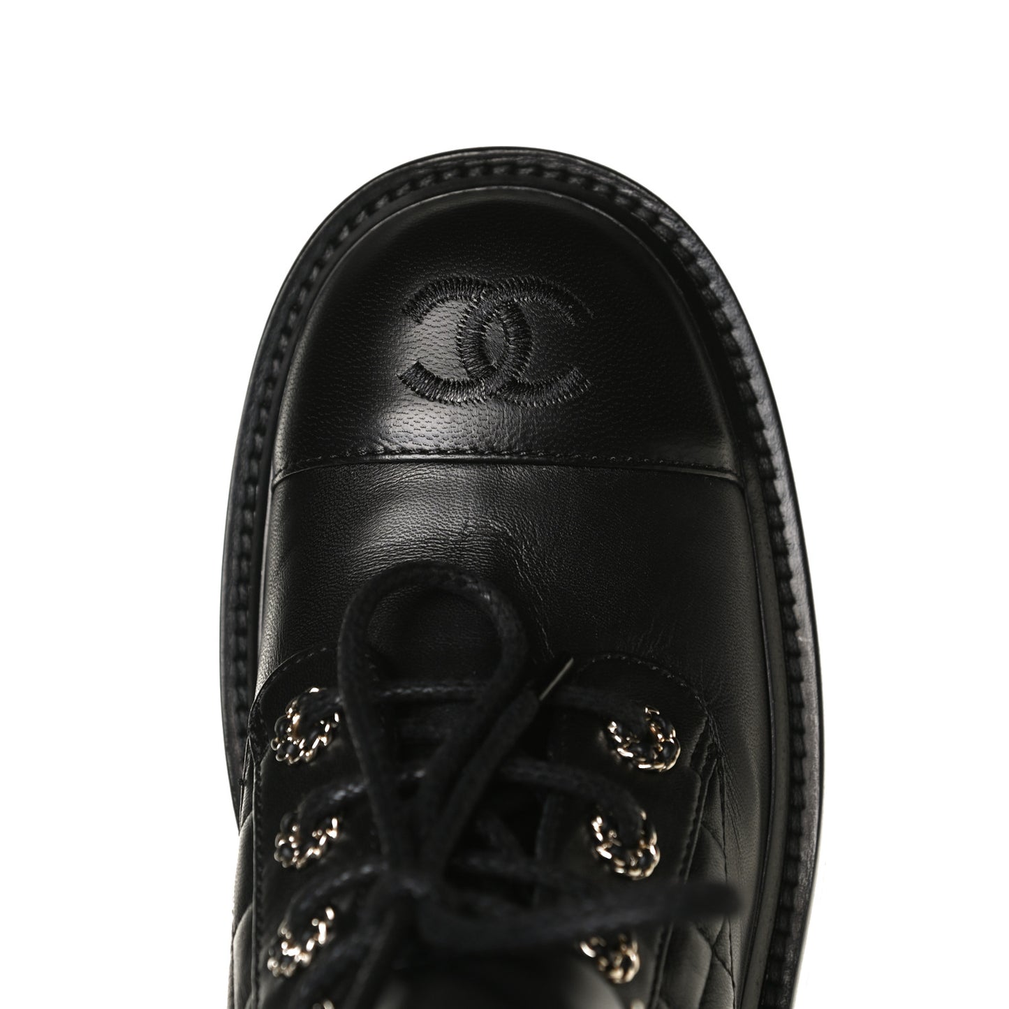Shiny Lambskin Quilted Lace Up Combat Boots 37.5 Black