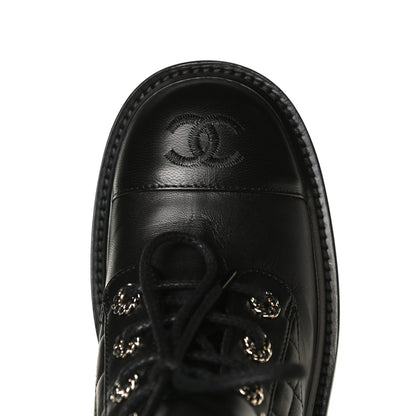 Chanel Shiny Lambskin Quilted Lace Up Combat Boots 37.5 Black 10 of 14