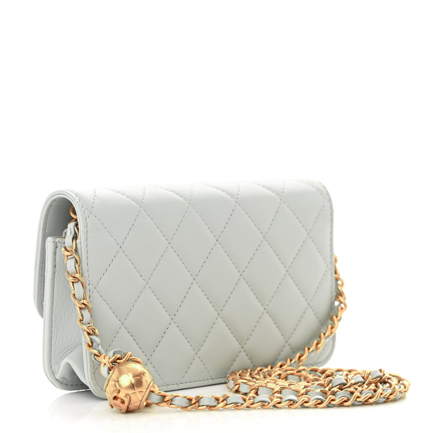 Lambskin Pearl Crush Quilted Flap Phone Holder With Chain Light Grey