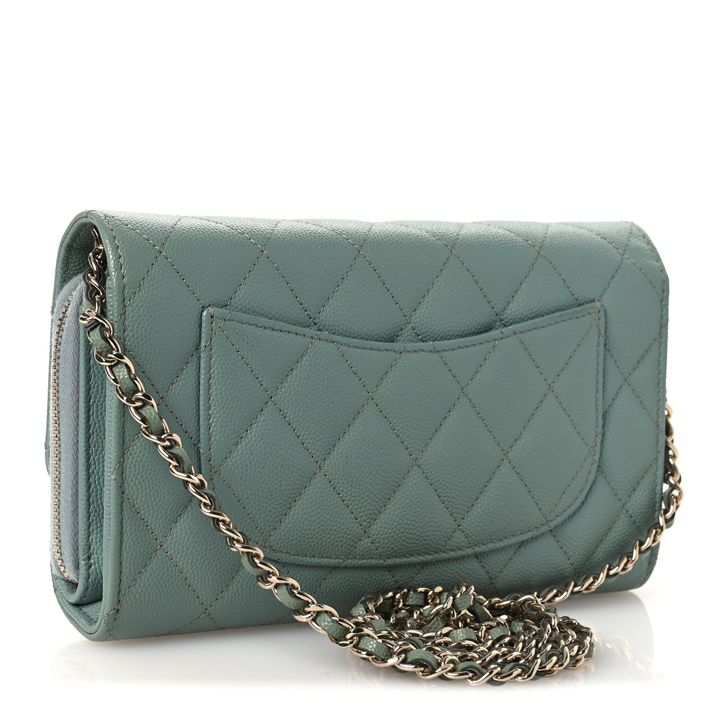Caviar Quilted Phone Holder Wallet on Removable Chain Light Blue