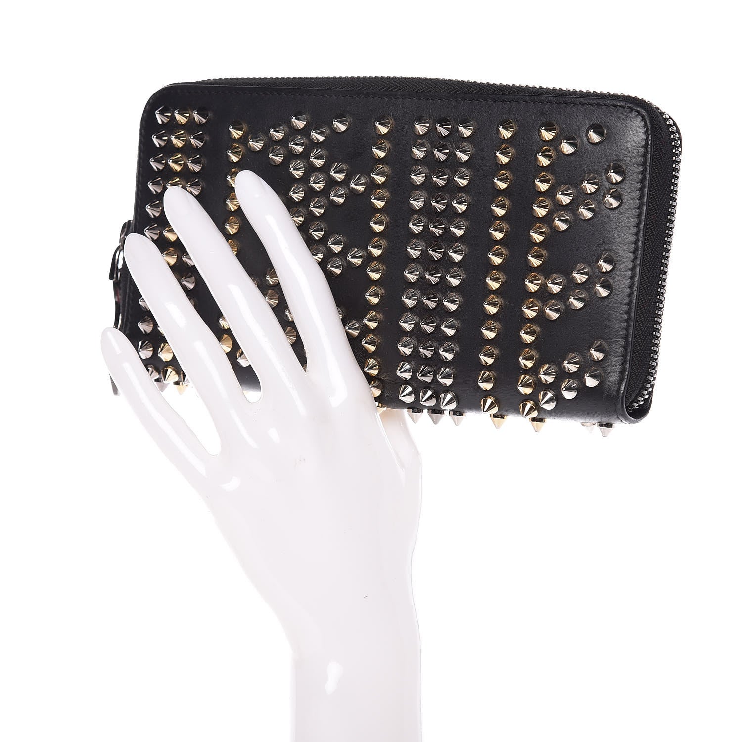 Christian Louboutin Calfskin Mix Chevron Spikes Panettone Zip Around Wallet Black 2 of 9