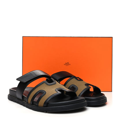 Hermes Canvas Calfskin Mens Chypre Sandals 42 Kaki Black 9 of 9