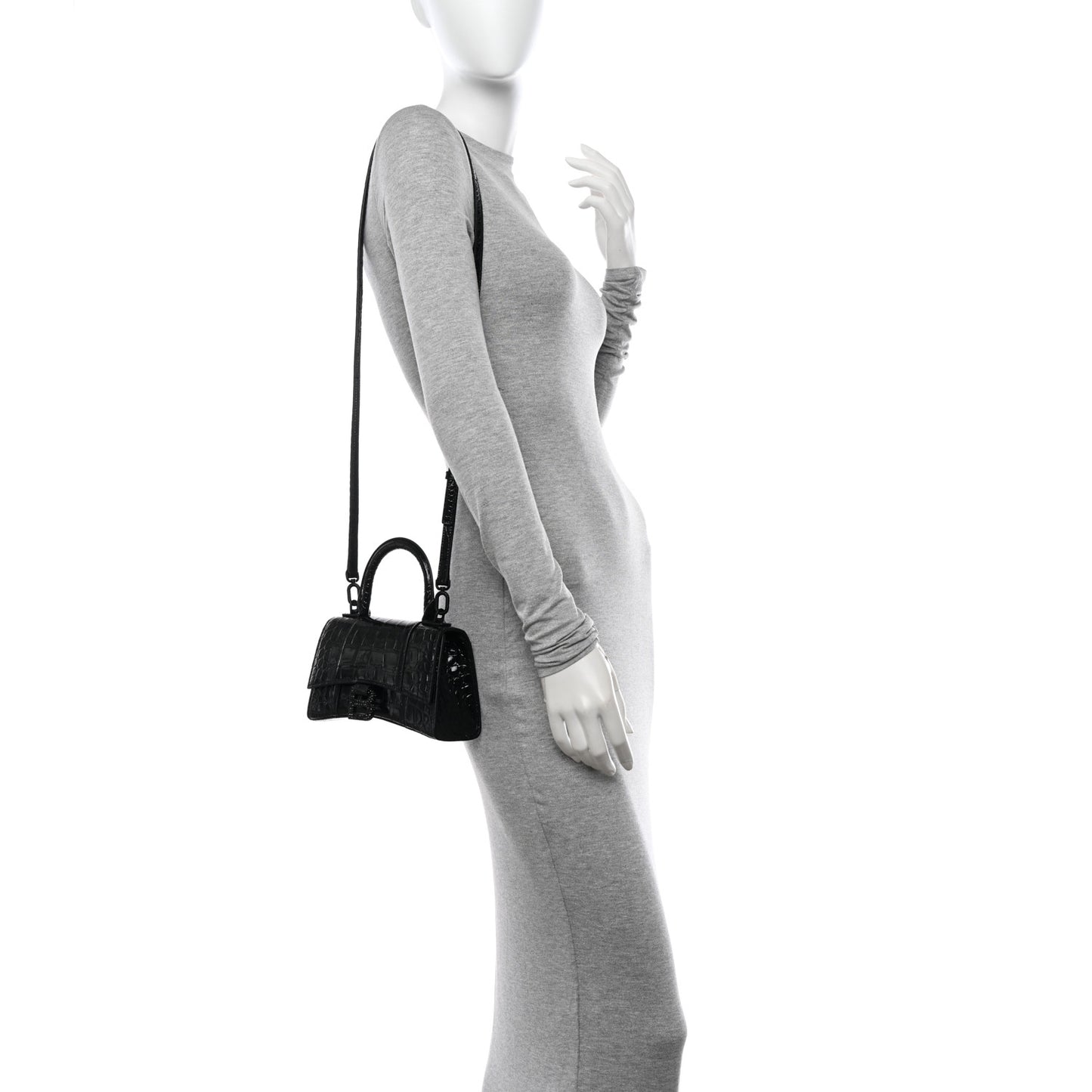 Shiny Calfskin Strass Monochrome Crocodile Embossed Hourglass Top Handle Bag XS Black