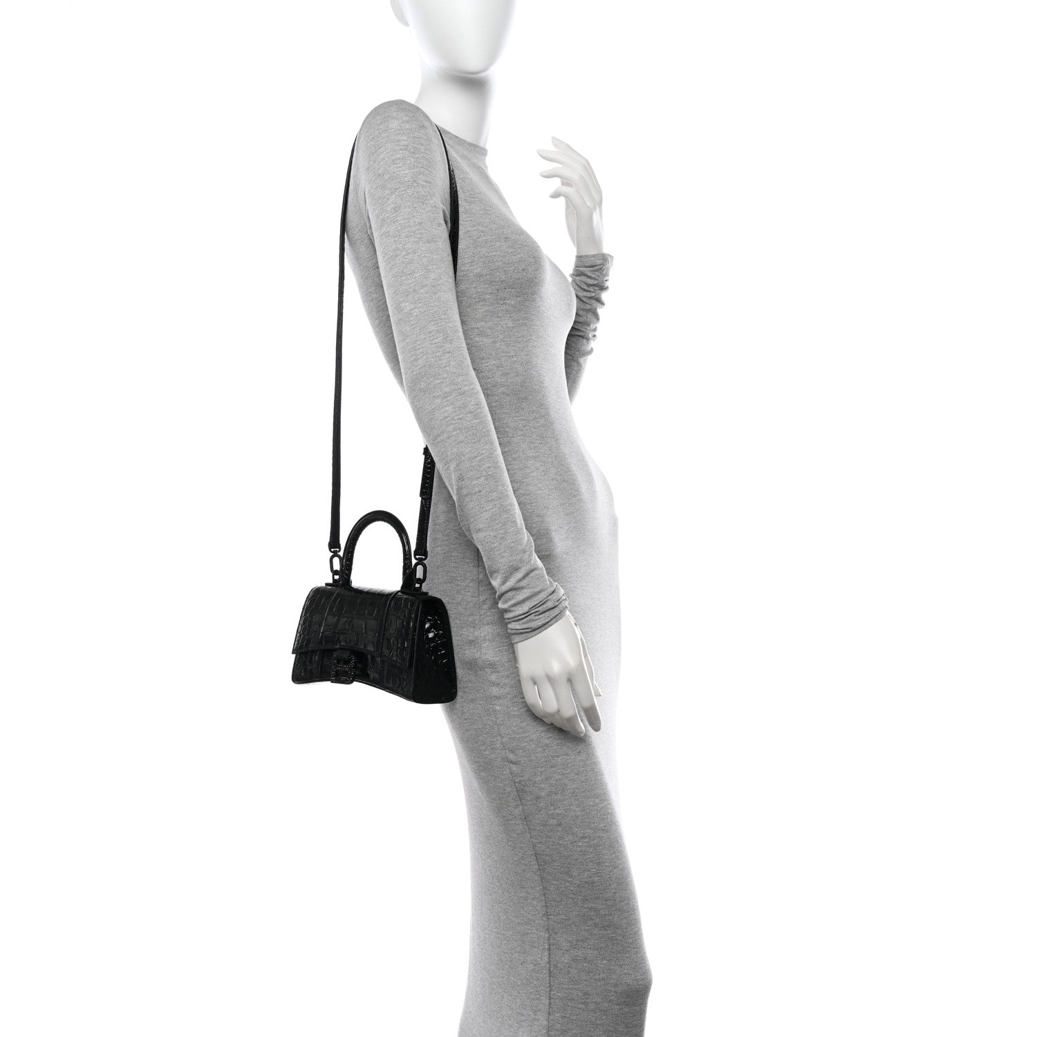 Balenciaga Shiny Calfskin Strass Monochrome Crocodile Embossed Hourglass Top Handle Bag XS Black 2 of 13