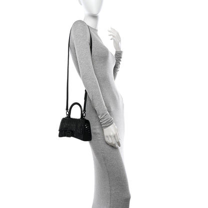 Balenciaga Shiny Calfskin Strass Monochrome Crocodile Embossed Hourglass Top Handle Bag XS Black 2 of 13
