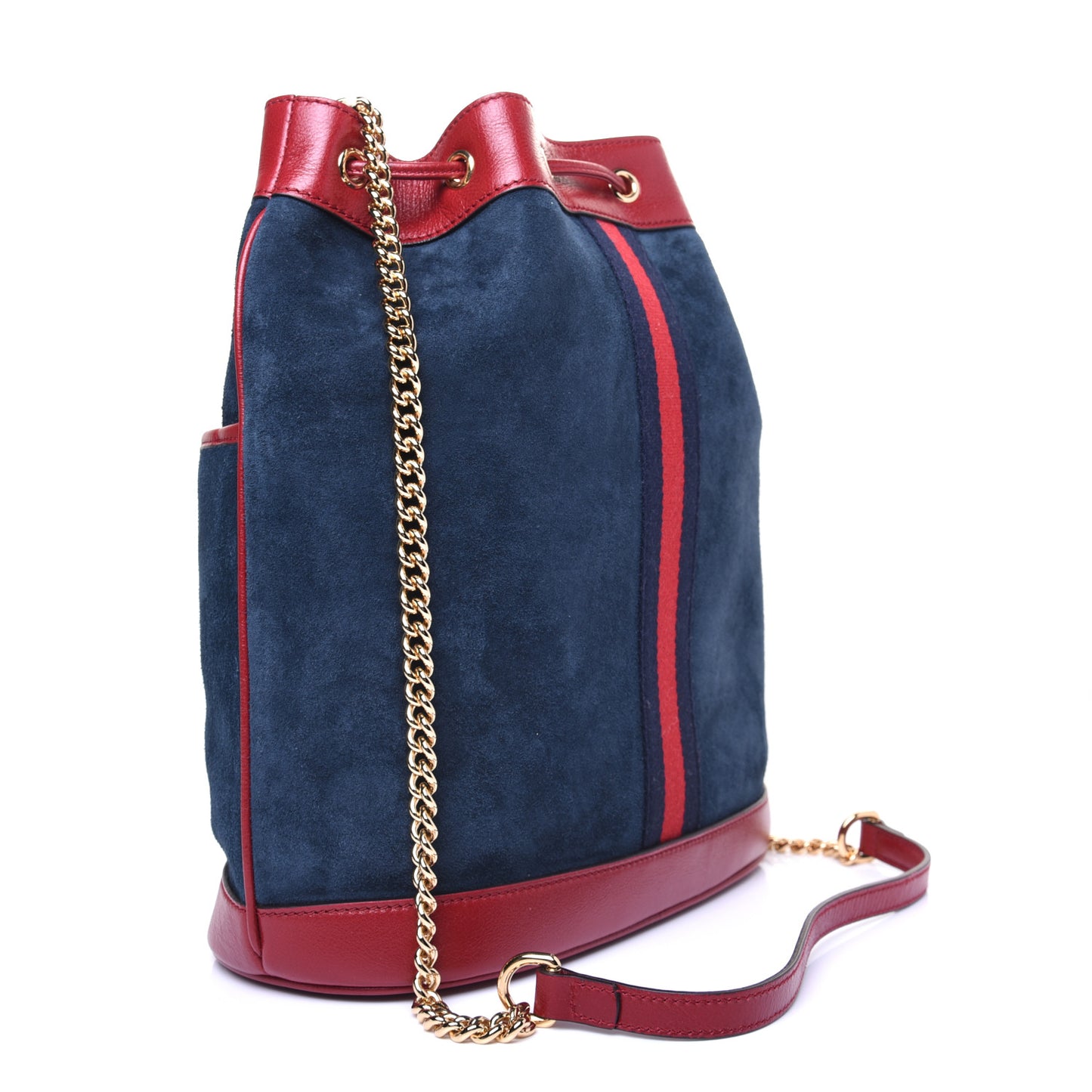 Suede Calfskin Web Medium Rajah Bucket Bag New Blue Romantic Cherry