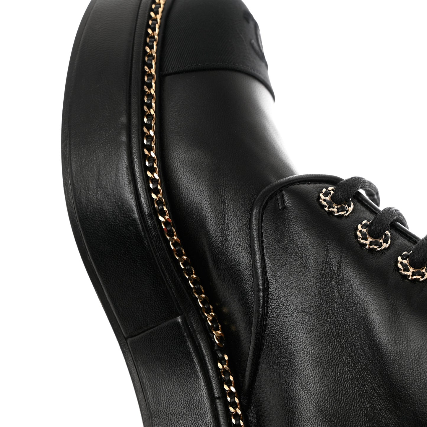 Calfskin Grosgrain Chain Lace Up CC Short Boots 38 Black
