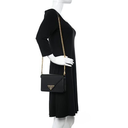 Prada Saffiano Lux Metal Triangle Logo Mini Envelope Chain Shoulder Bag Black 2 of 9