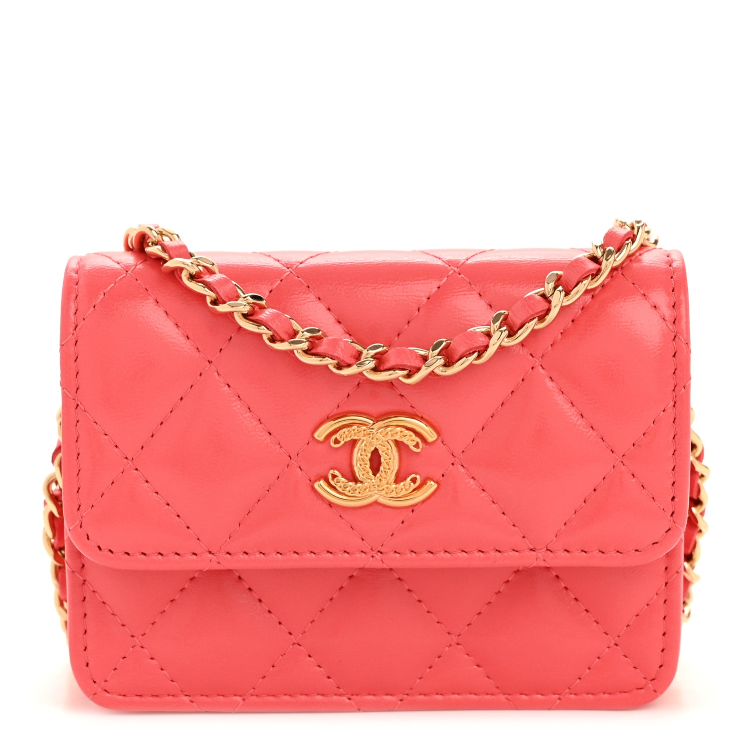 Chanel Shiny Lambskin Quilted Card Holder On Chain Pink 1 of 11