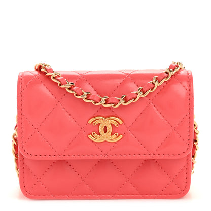 Chanel Shiny Lambskin Quilted Card Holder On Chain Pink 1 of 11