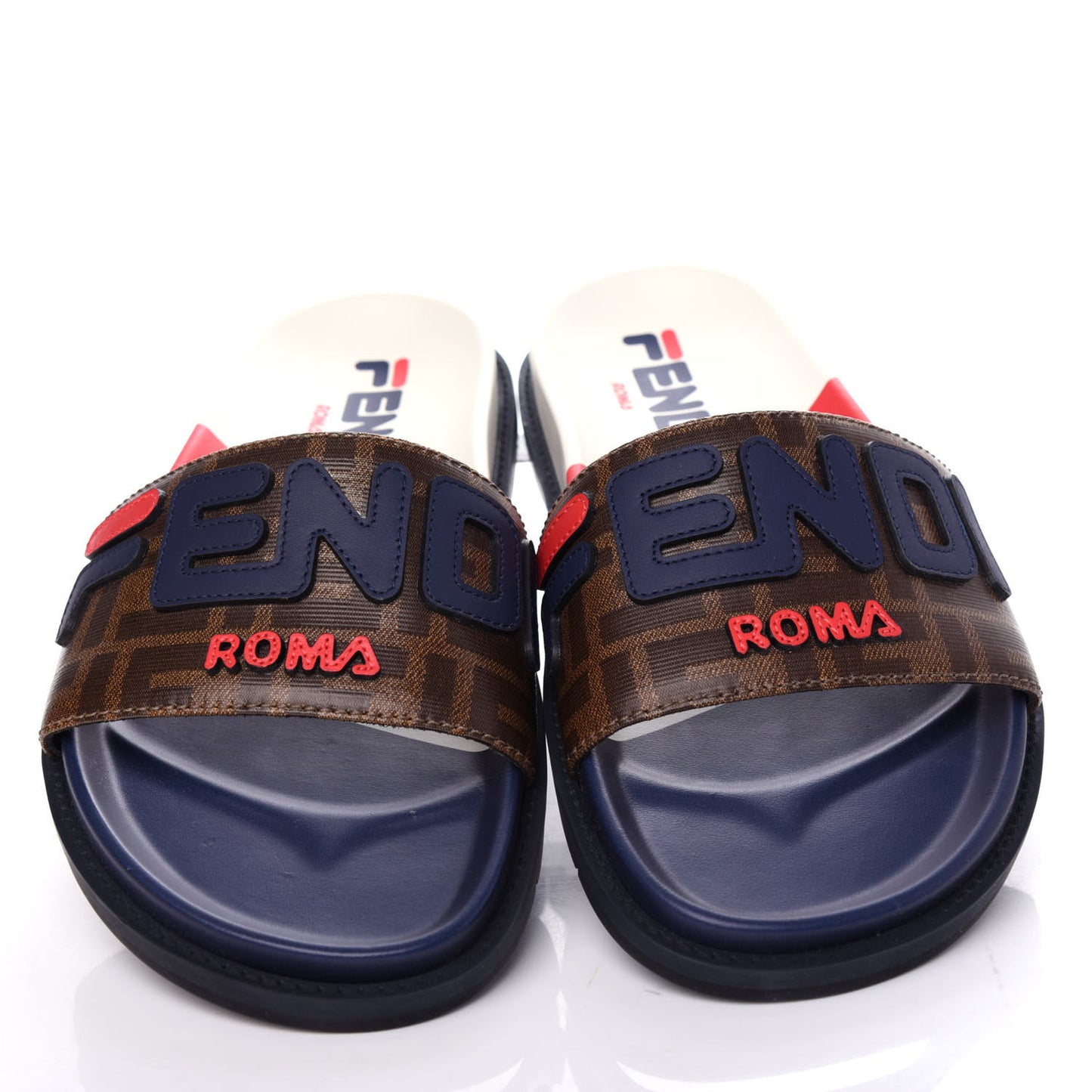 X FILA Glazed Fabric Calfskin FF 1974 Mania Mens Slide Sandals 7 Mogano Panna Blueberry Caipiroska