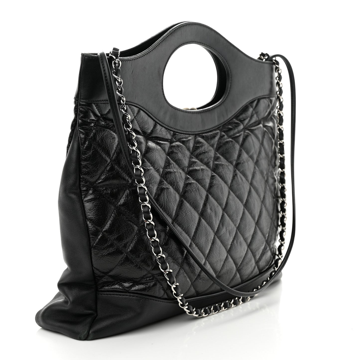 Shiny Aged Calfskin Quilted Large 31 Shopping Bag Black