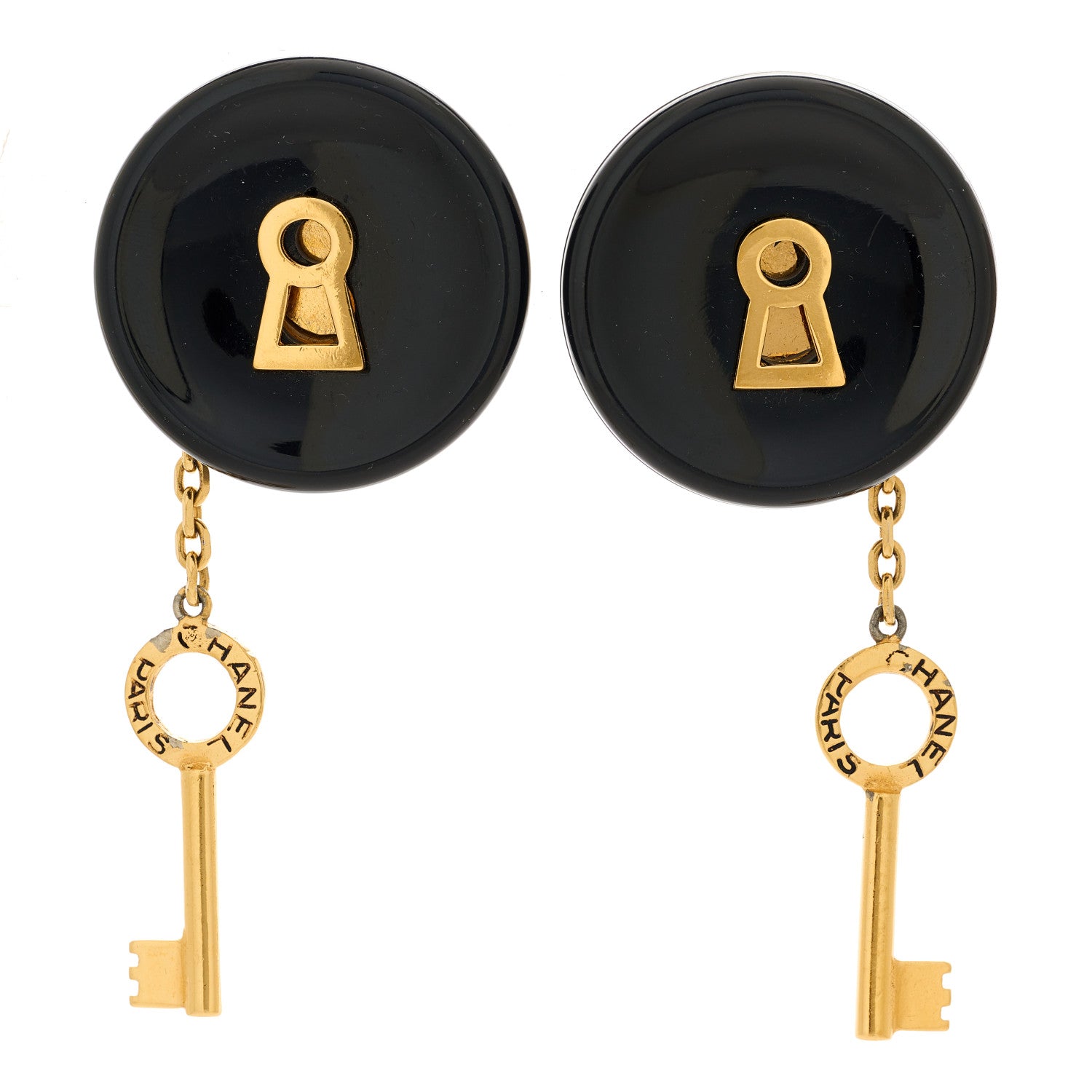 Chanel Resin Lock Key Drop Clip On Earrings Gold Black 1 of 6