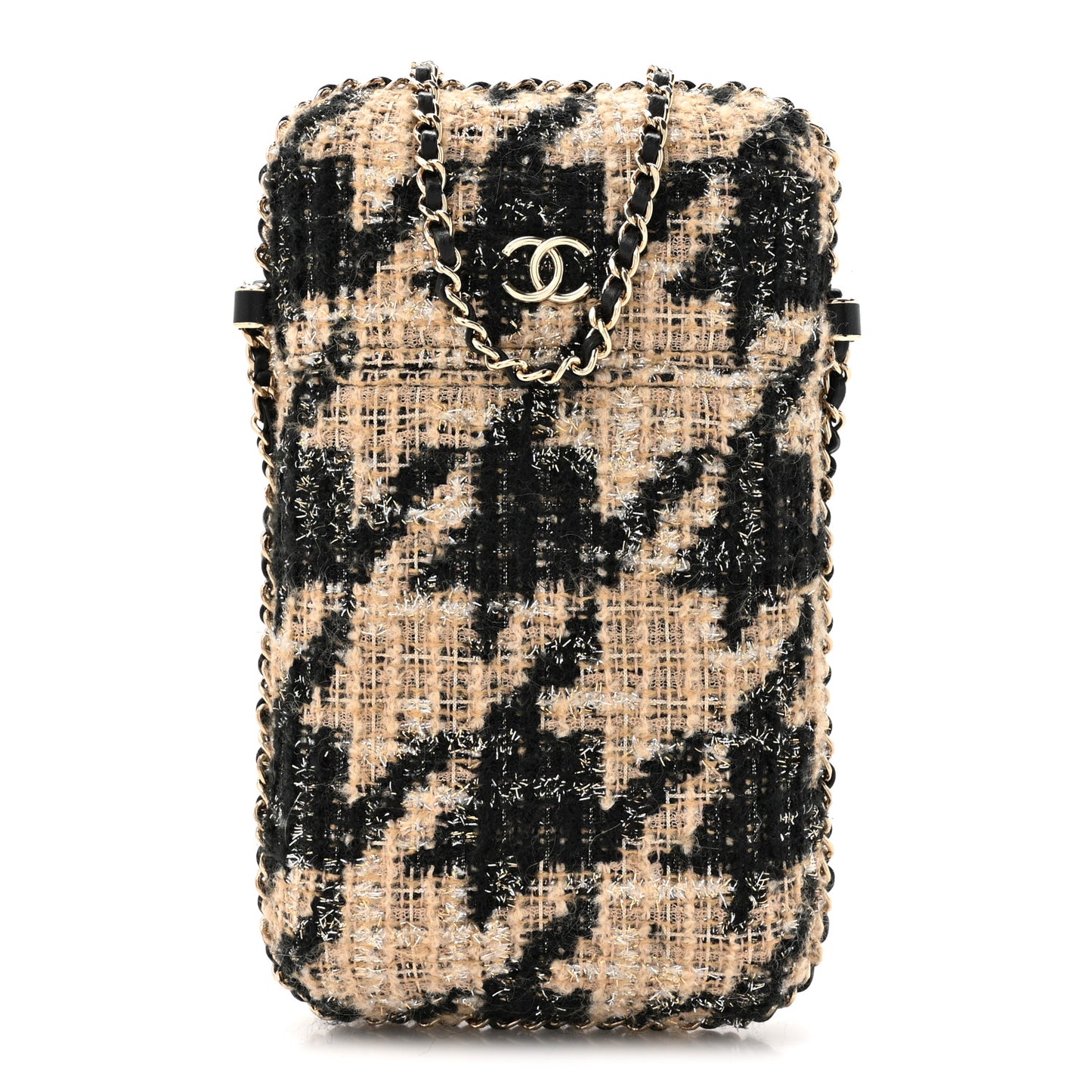 Tweed Chain Around Phone Holder Beige Black