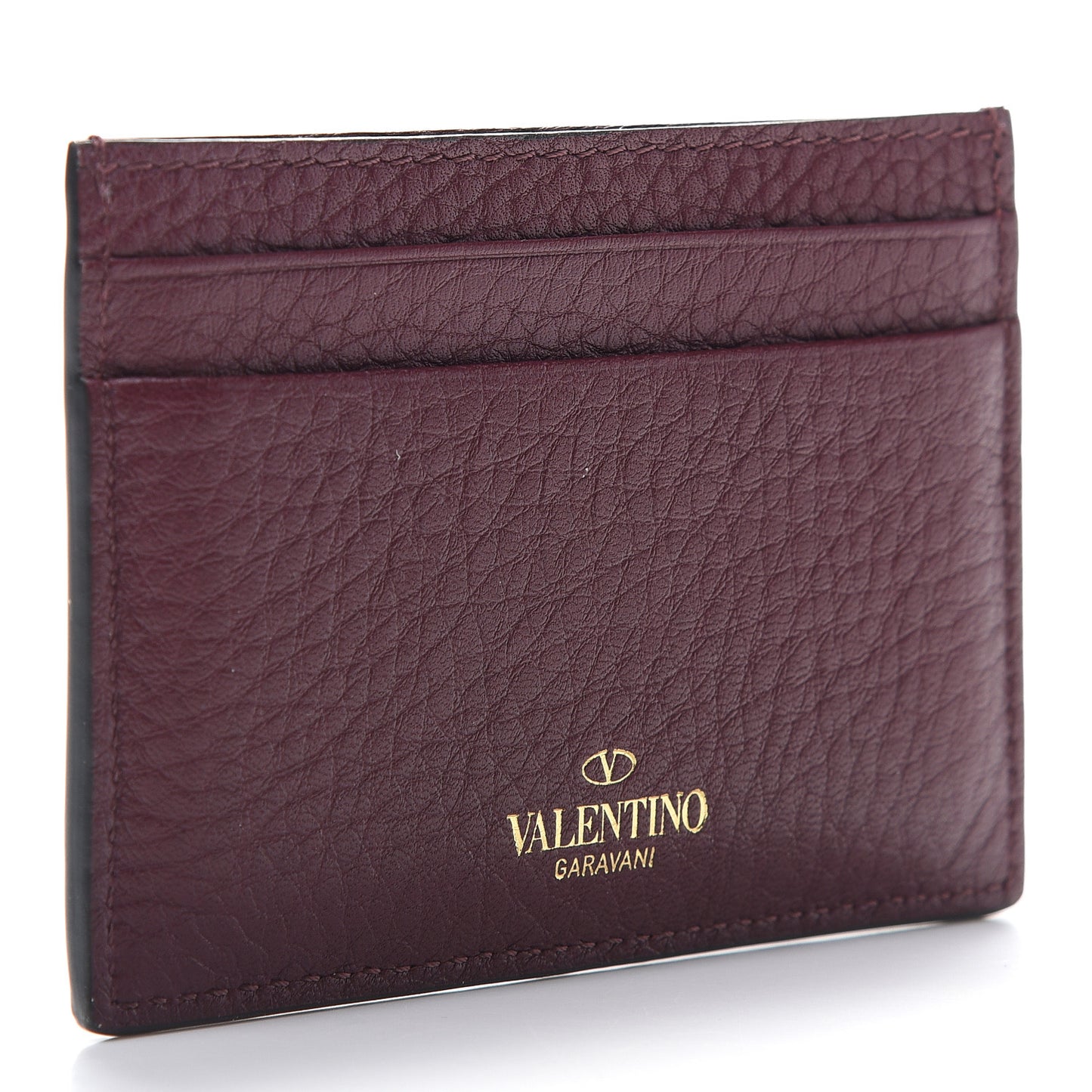 Pebbled Calfskin Rockstud Card Holder Cerise