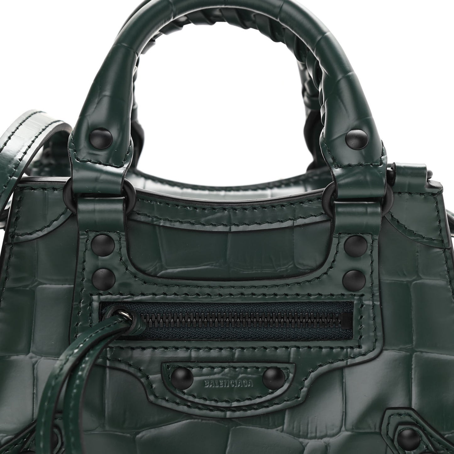 Semi Shiny Calfskin Crocodile Embossed Neo Classic Black Hardware Nano City Crossbody Forest Green
