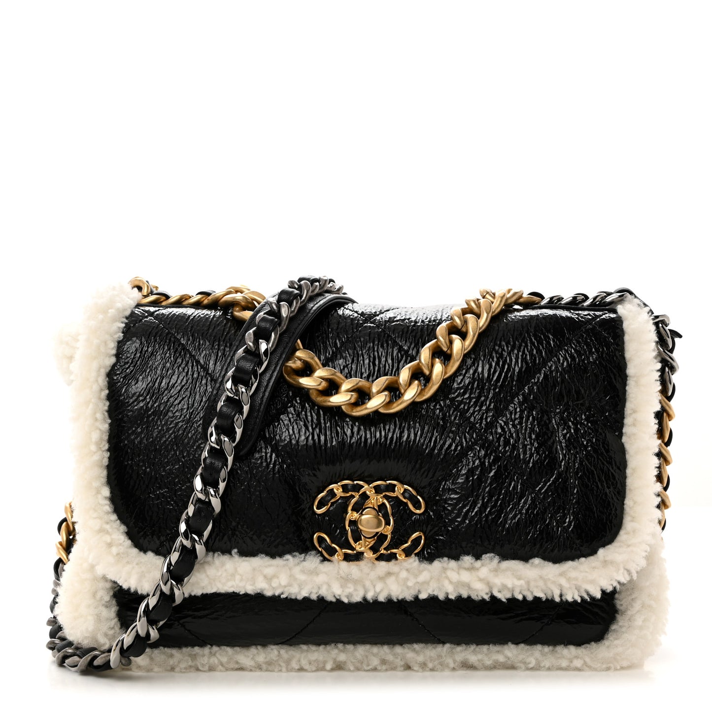 Crumpled Calfskin Shearling Sheepskin Quilted Medium Chanel 19 Flap Black