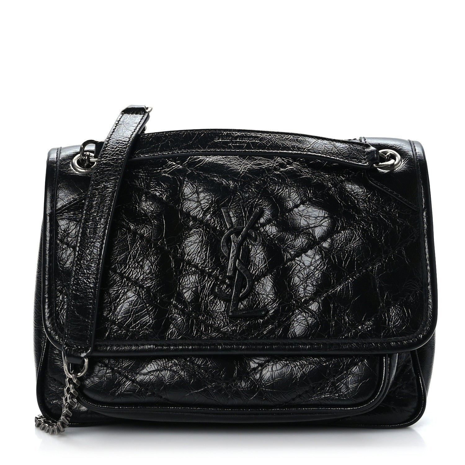 Saint Laurent Crinkled Calfskin Matelasse Monogram Baby Niki Chain Satchel Black 1 of 8