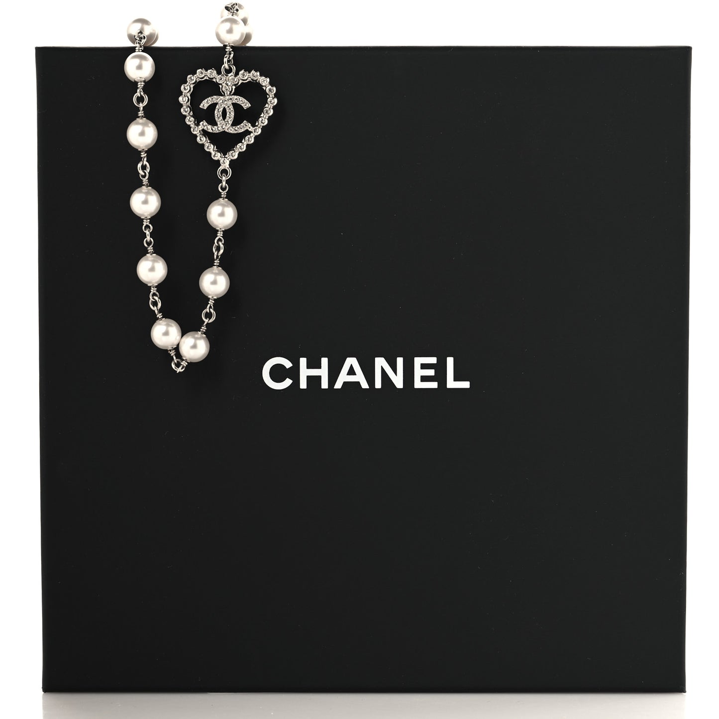 Crystal Pearl CC Heart Necklace Silver