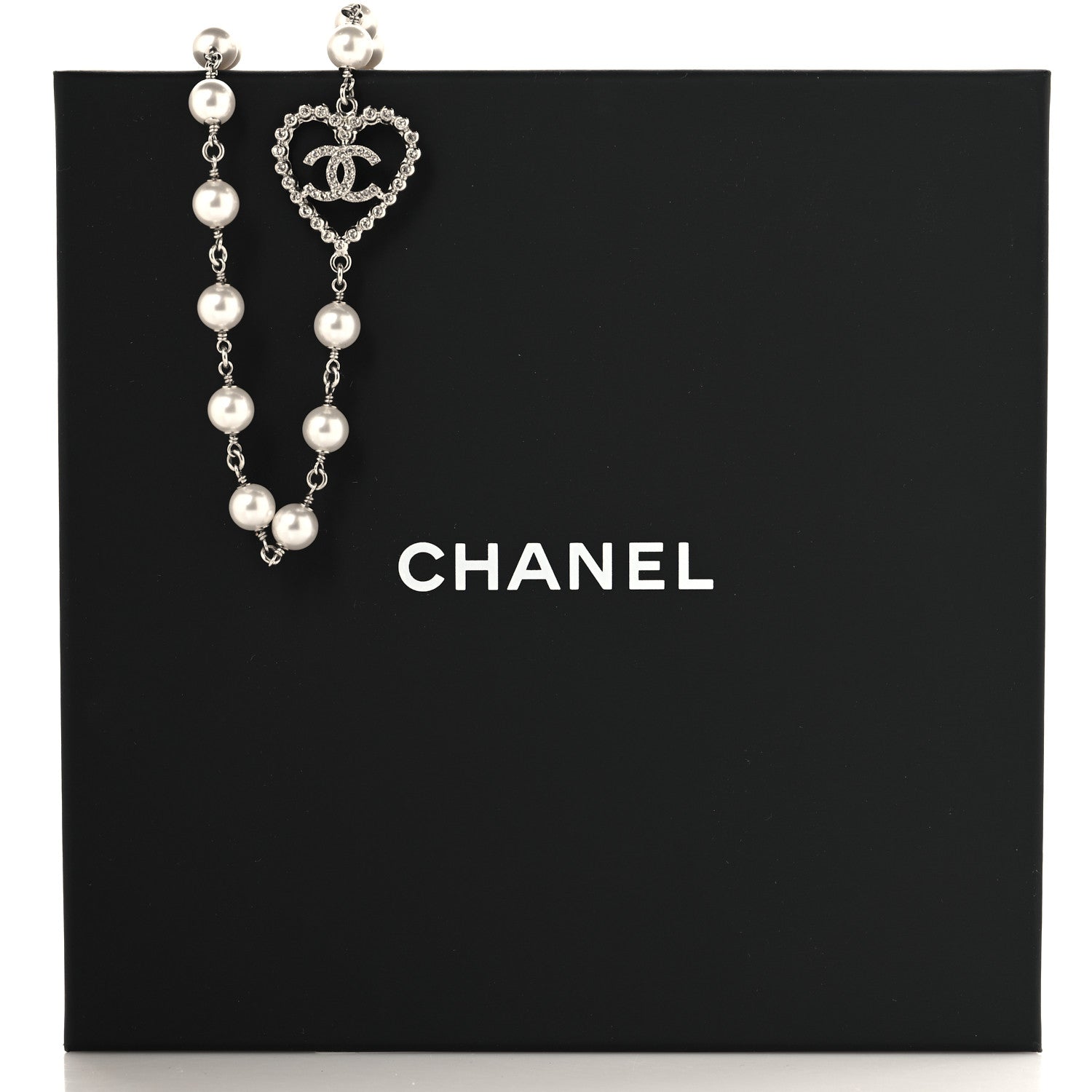 Chanel Crystal Pearl CC Heart Necklace Silver 5 of 5