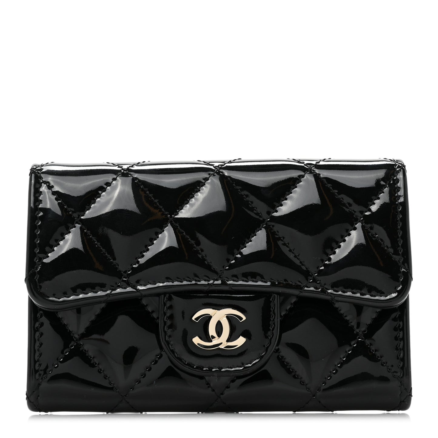 Patent Quilted Flap Card Holder Wallet Black