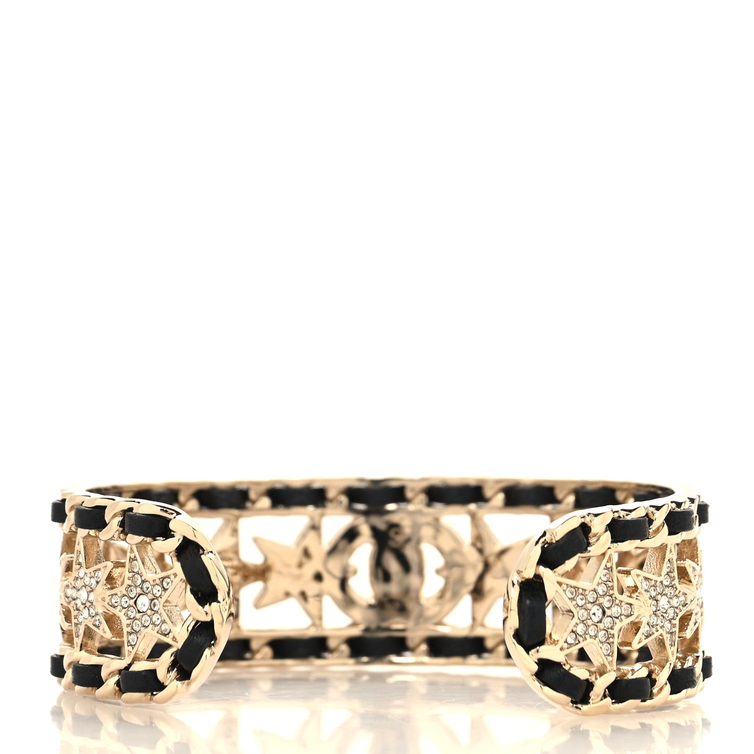 Chanel Lambskin Crystal CC Star Cuff S Bracelet Gold Black 3 of 6