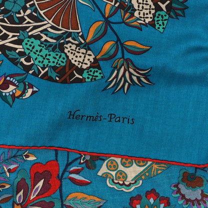 Hermes Cashmere Silk Fleurs et Papillons de Tissus Shawl 140 Canard Vert Rouge 2 of 3