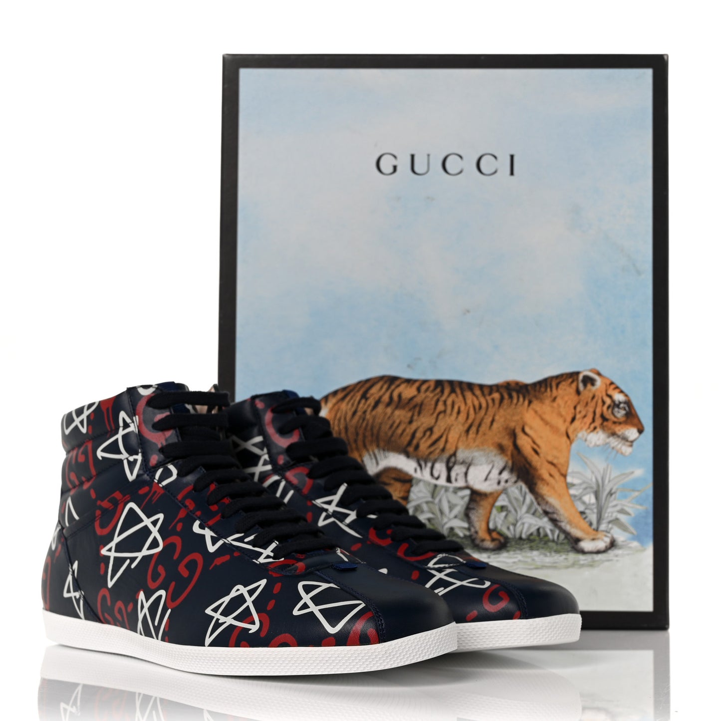 Calfskin GucciGhost Print Mens High Top Sneakers 9.5 Blue Agata Hibiscus Red