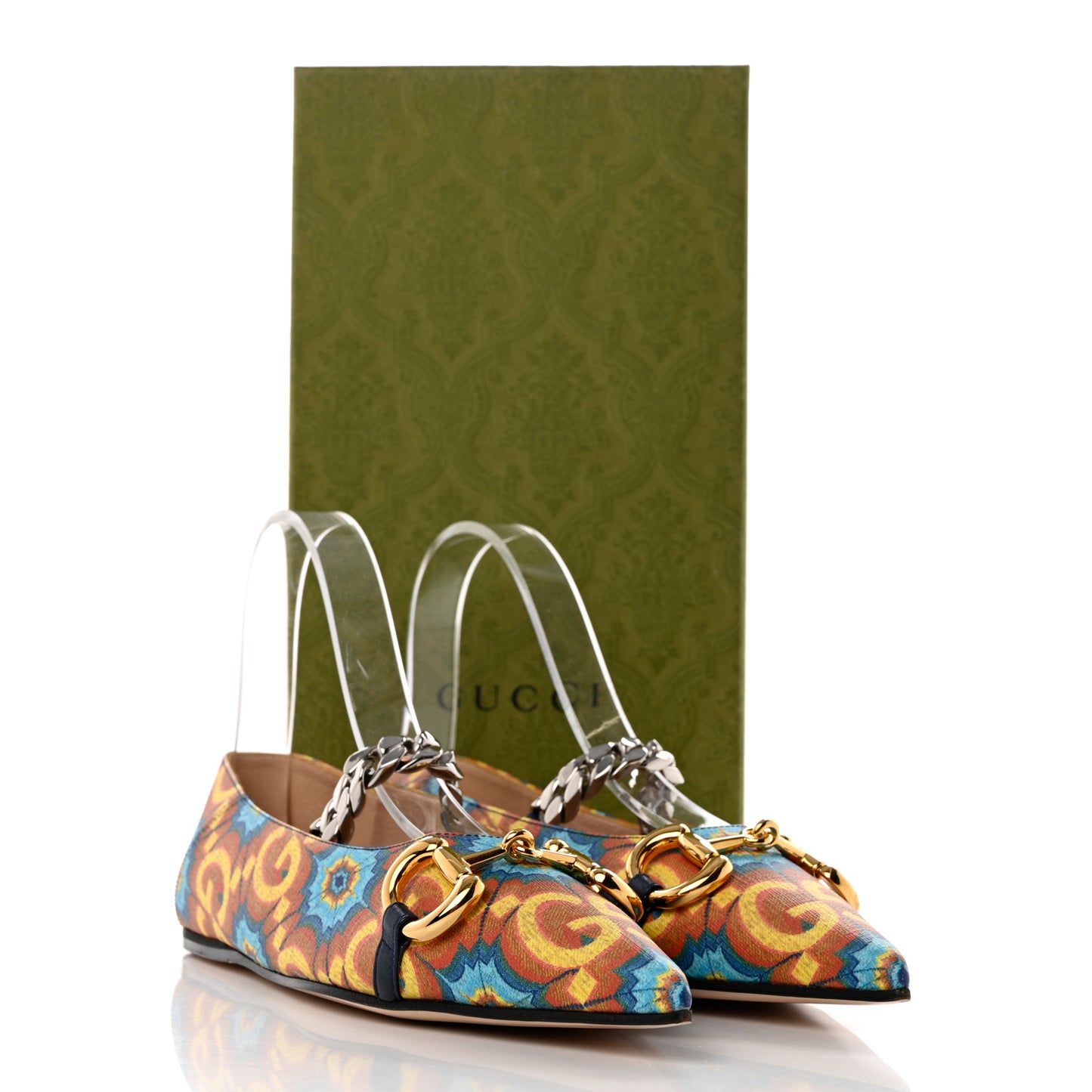 GG Supreme Kaleidoscope Calfskin Deva Horsebit Chain Embellished Flats 37.5 Blue Orange Multicolor Blue Agata