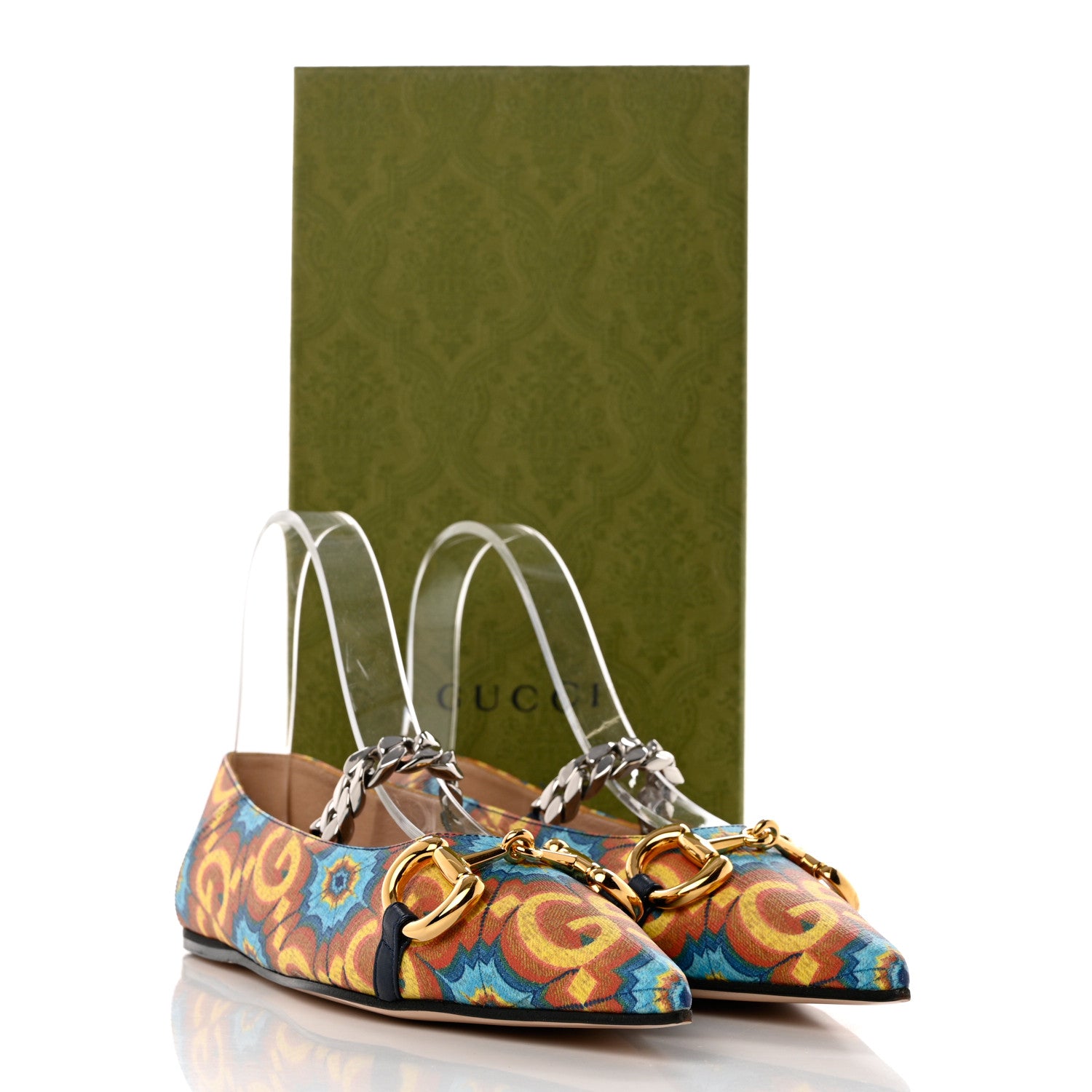 Gucci GG Supreme Kaleidoscope Calfskin Deva Horsebit Chain Embellished Flats 37.5 Blue Orange Multicolor Blue Agata 9 of 9