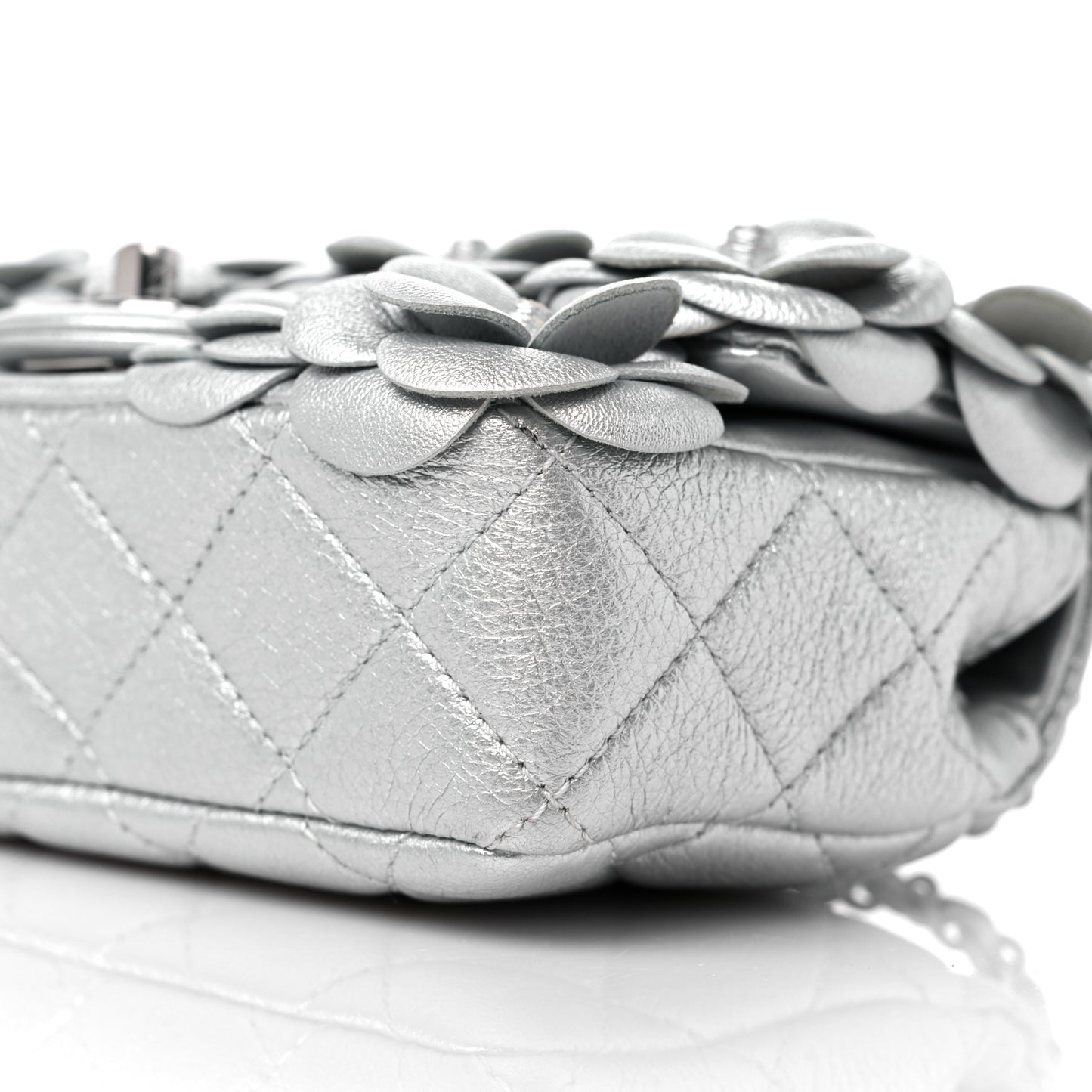 Metallic Lambskin Quilted Mini Camellia Flap Silver