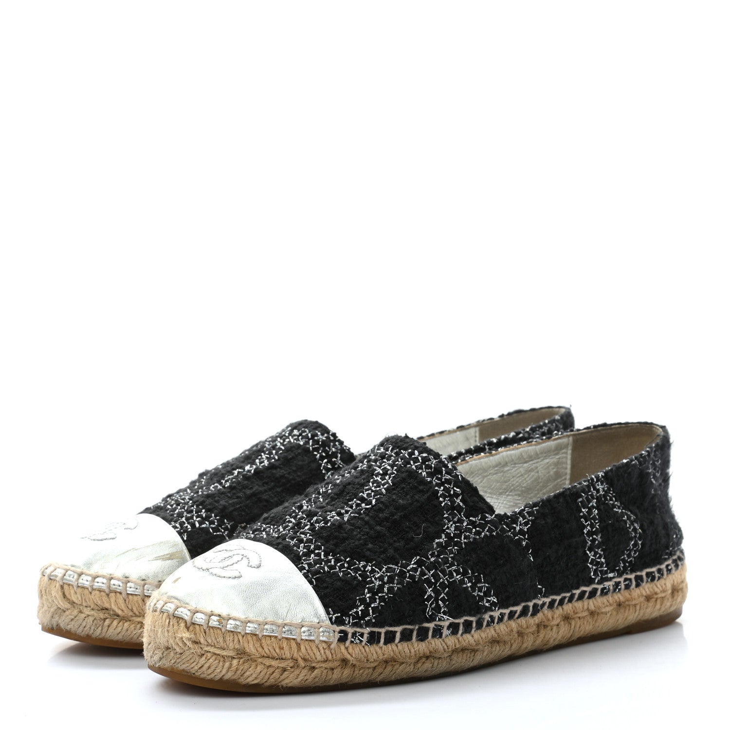 Chanel Tweed Lambskin CC Espadrilles 37 Black Silver 3 of 15