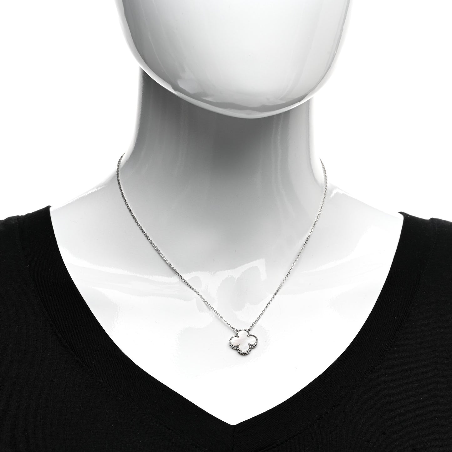 18K White Gold Mother Of Pearl Vintage Alhambra Pendant Necklace