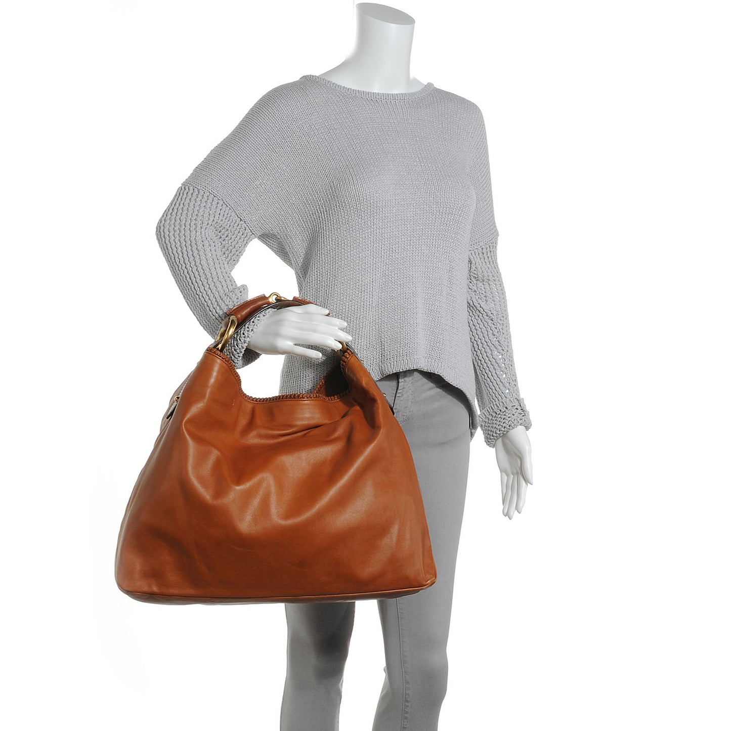 Leather Large Horsebit Chain Hobo Camel