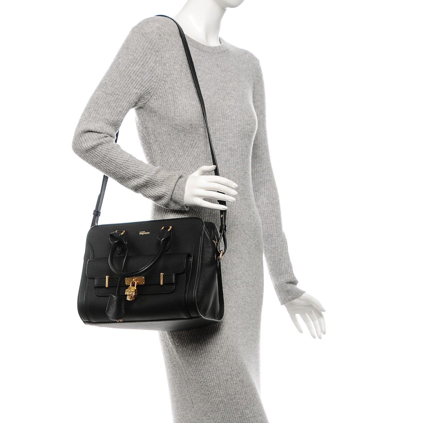 Pebbled Calfskin Padlock Pocket Tote Black