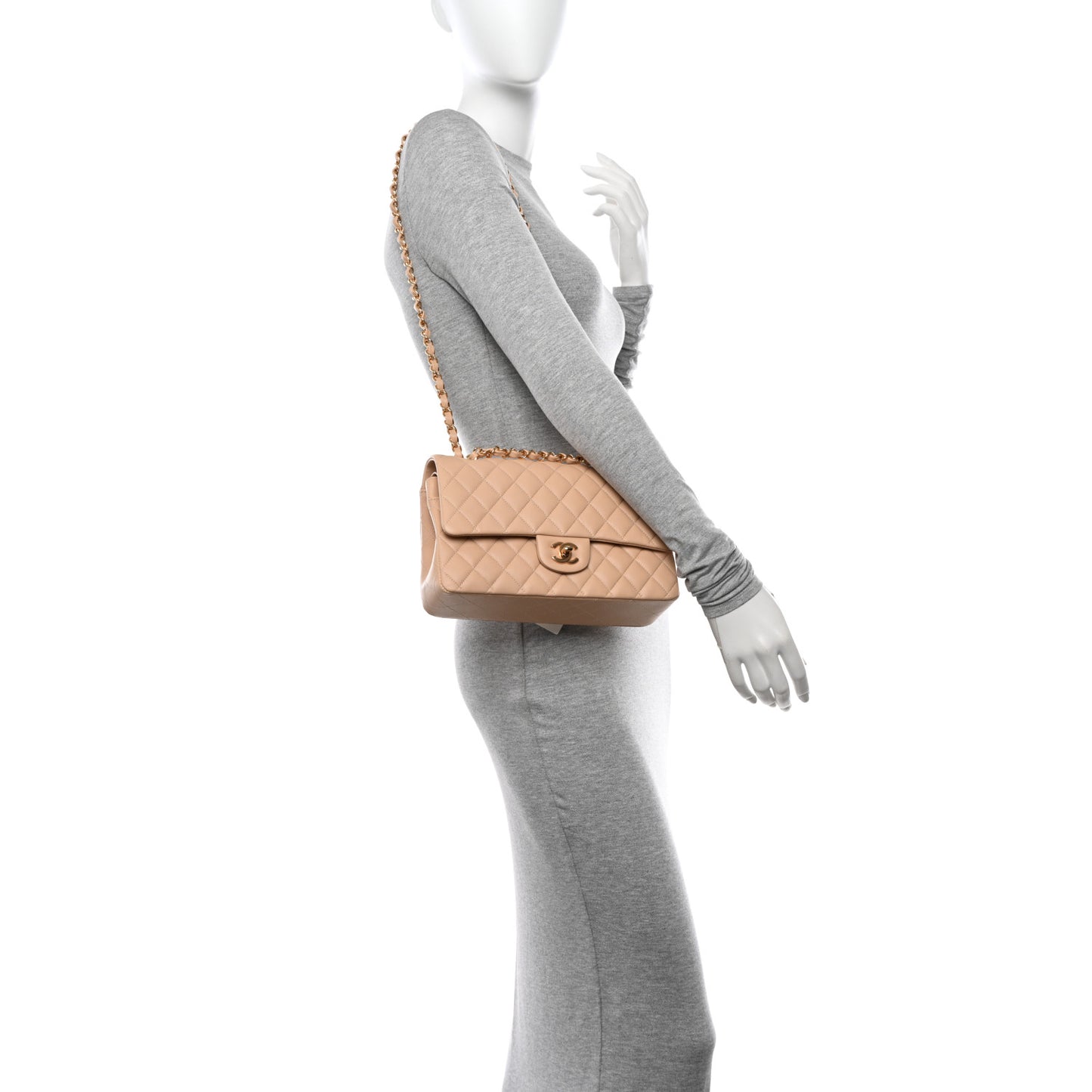 Lambskin Quilted Medium Double Flap Beige