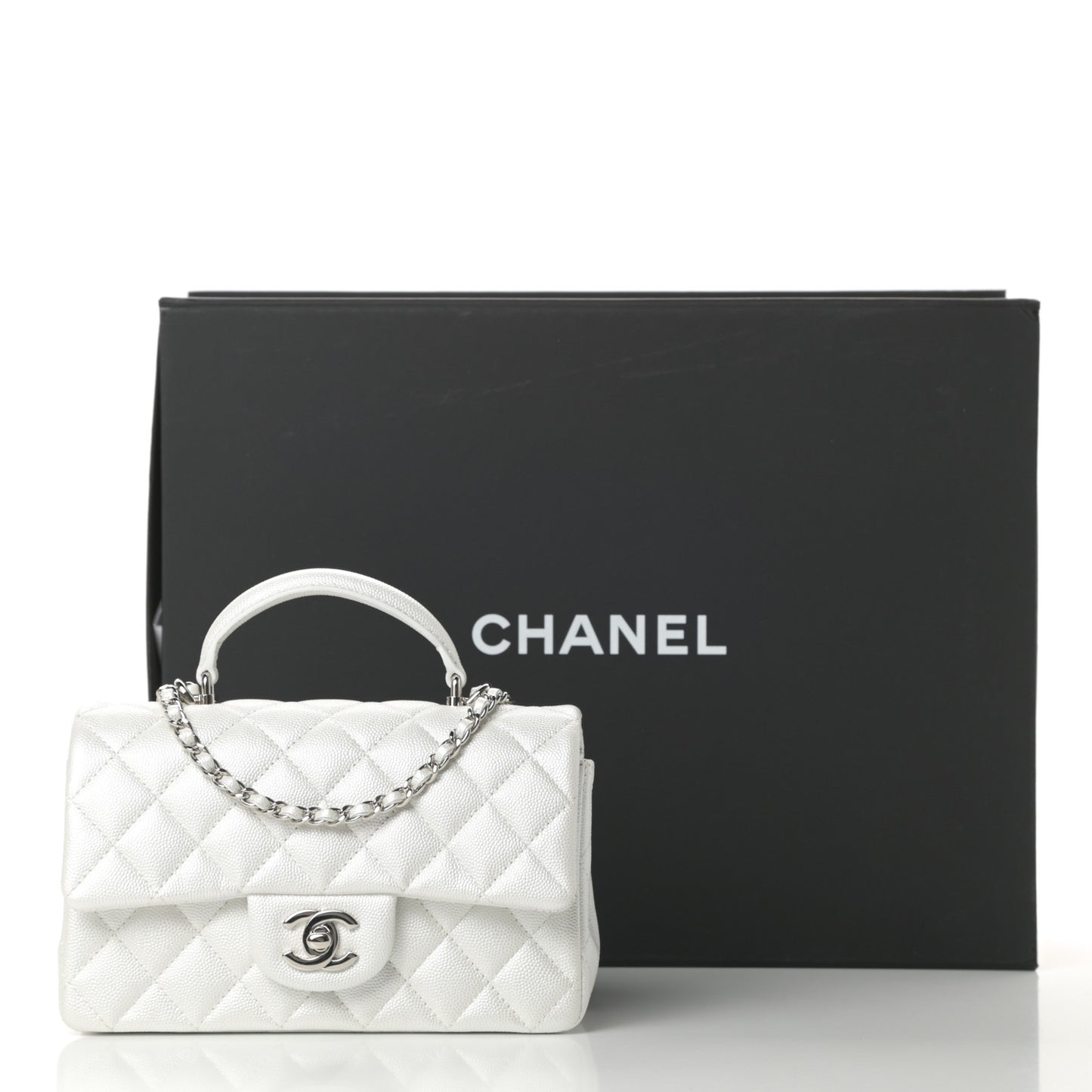Iridescent Caviar Quilted Mini Top Handle Rectangular Flap White