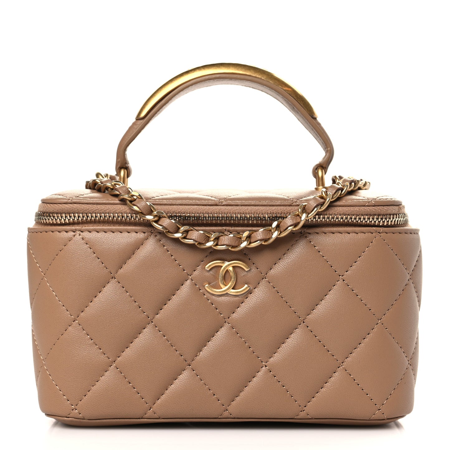 Lambskin Quilted Metal Small Top Handle Vanity Case With Chain Beige
