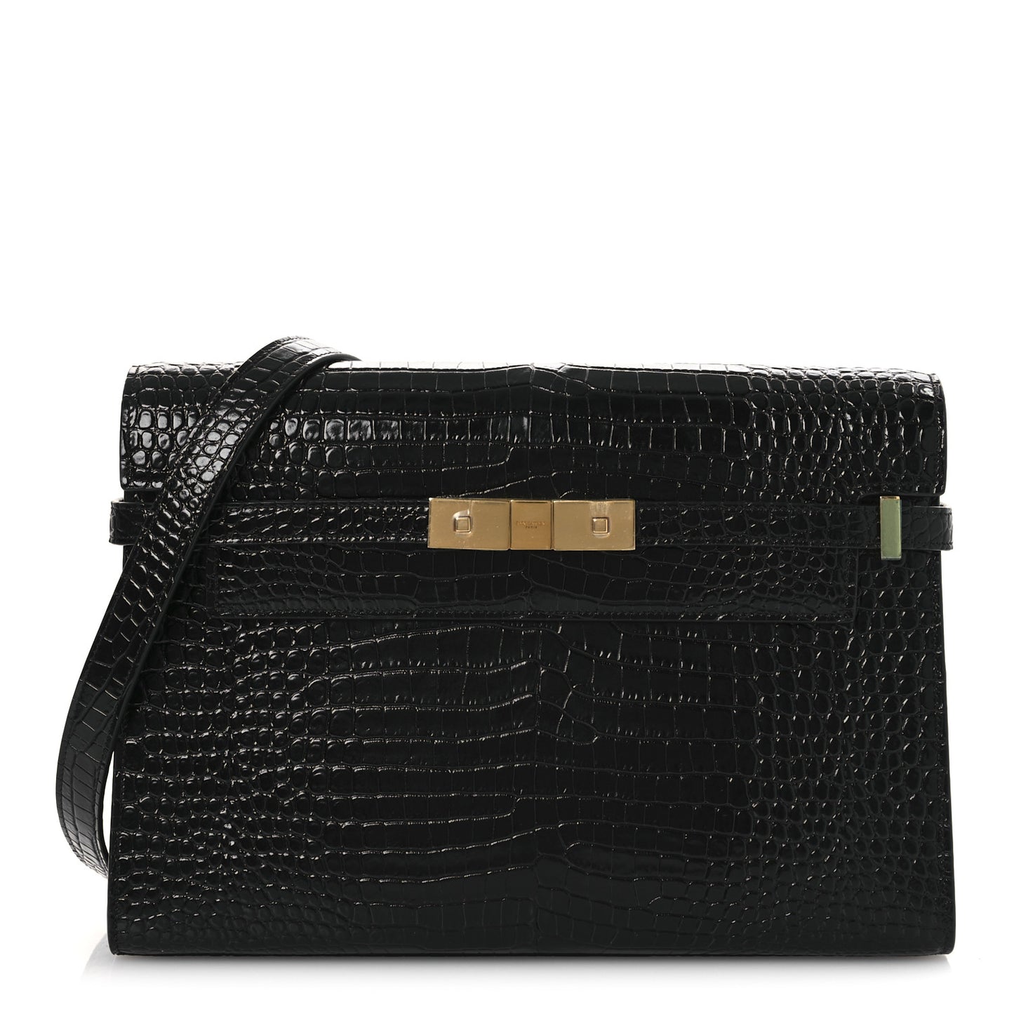 Shiny Calfskin Crocodile Embossed Manhattan Baguette Black