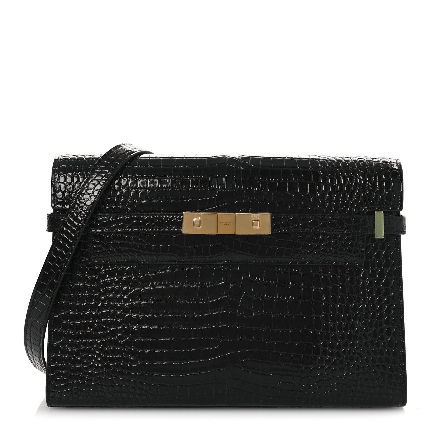 Saint Laurent Shiny Calfskin Crocodile Embossed Manhattan Baguette Black 1 of 12