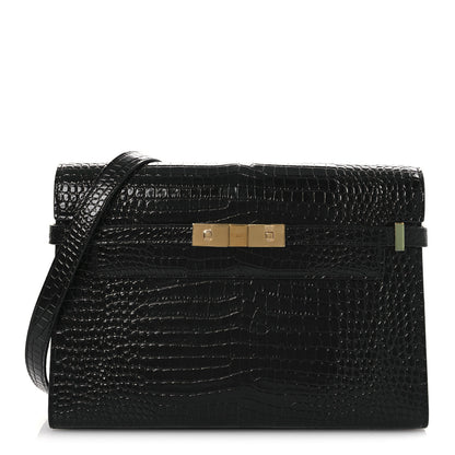 Saint Laurent Shiny Calfskin Crocodile Embossed Manhattan Baguette Black 1 of 12