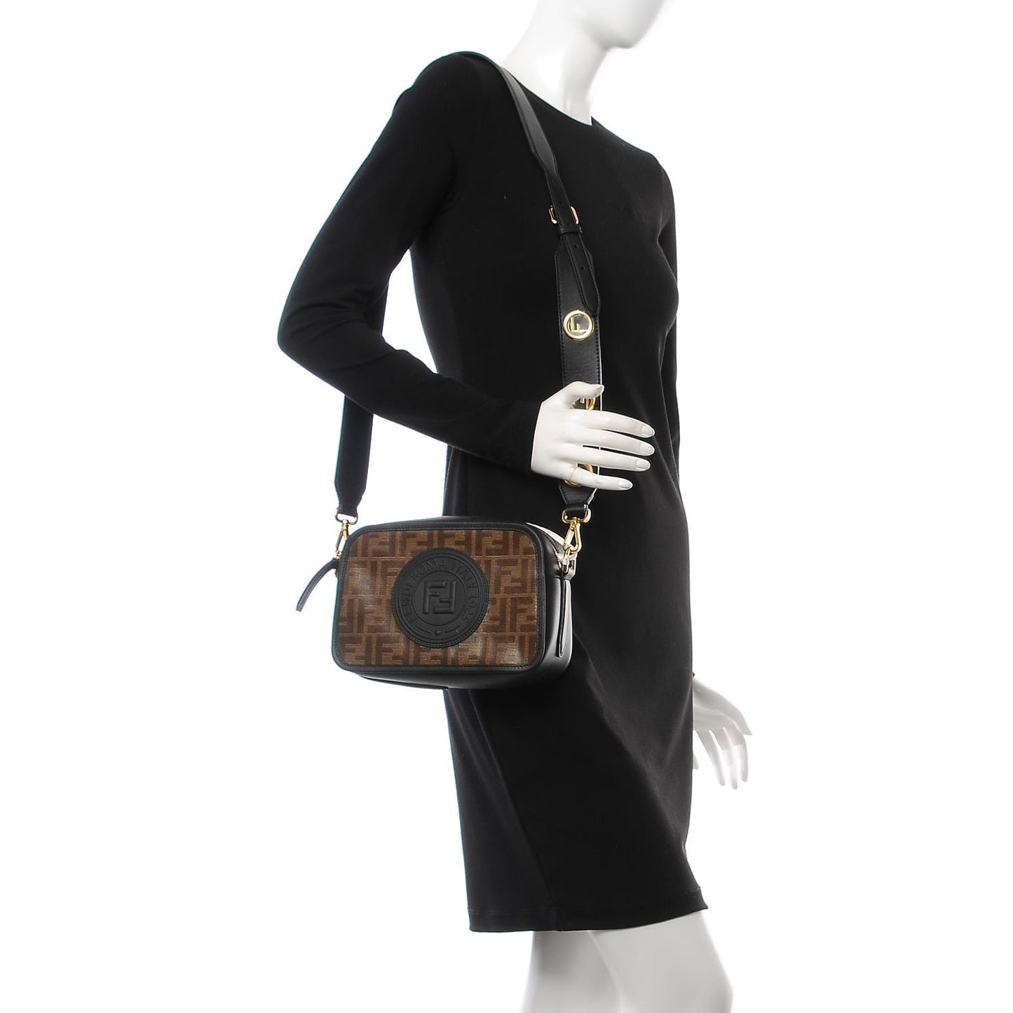 Glazed Fabric Vitello Century F is Fendi FF 1974 Stamp Patch Camera Case Mogano Panna Black