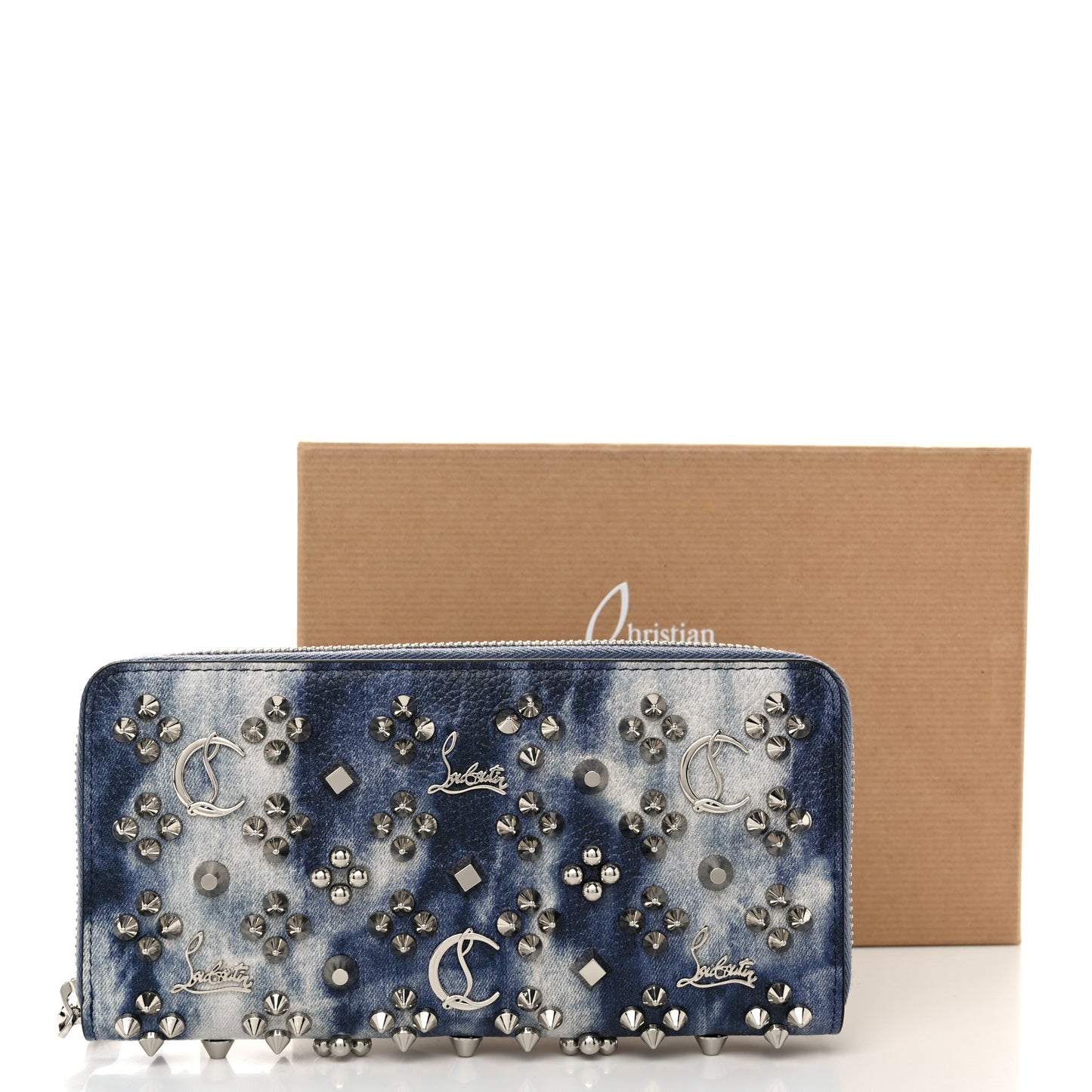 Metallic Calfskin Tie Dye Spiked Zip Around Wallet Silver